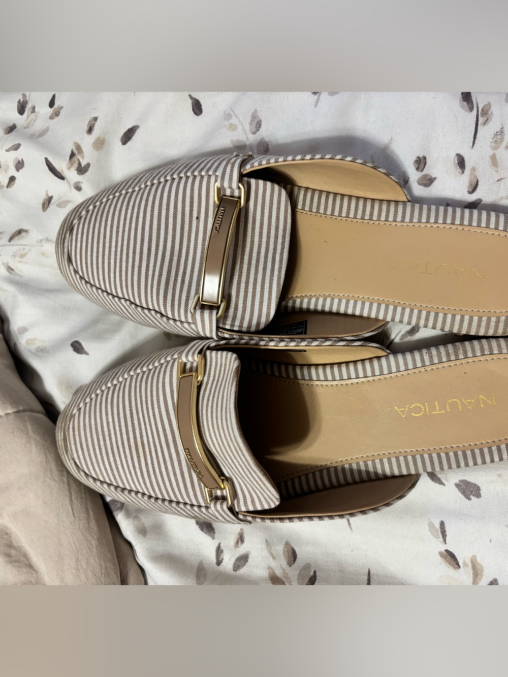 Nautica Beige & White Striped Mule Loafers with Gold Accent